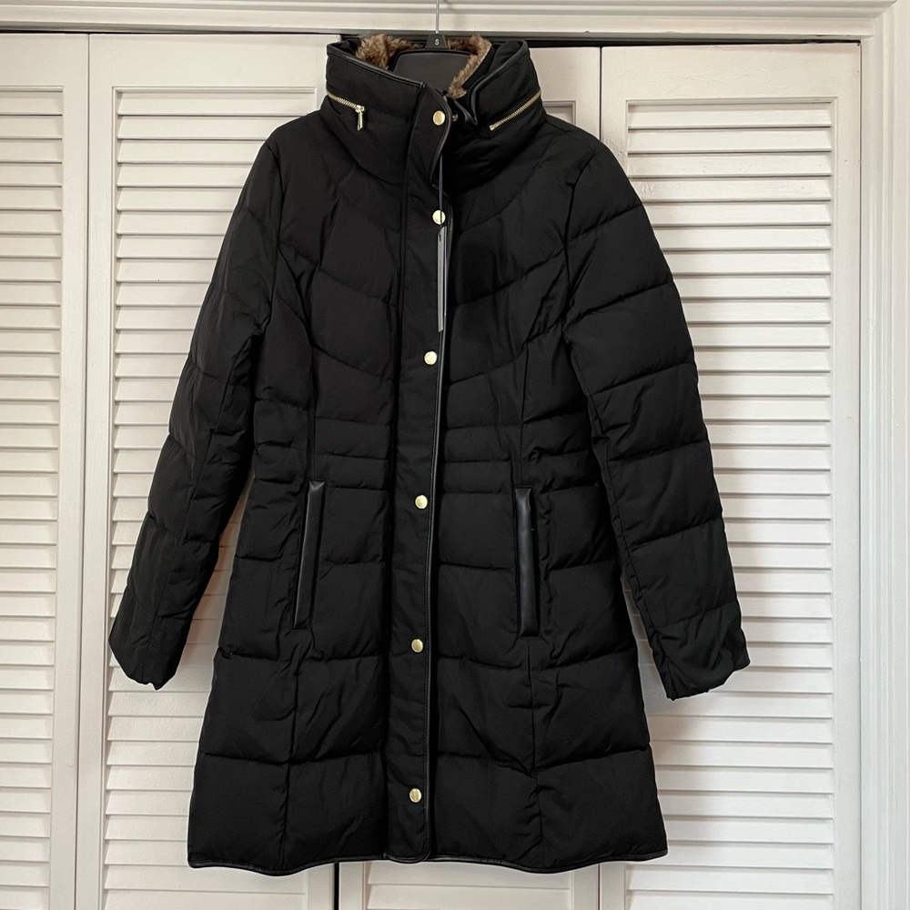Cole Haan black down winter coat,  size small, faux fur neck